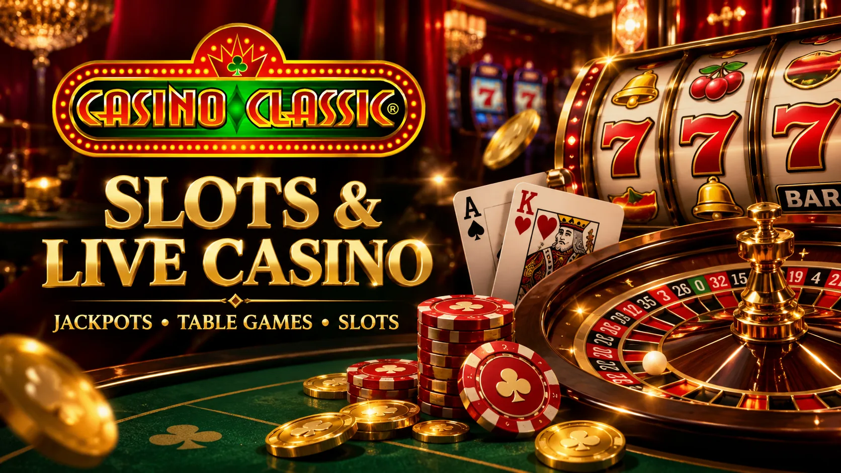 Casino Classic slots, playing cards and roulette on a casino table